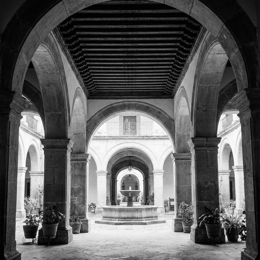 Claustro interior con arquerías de piedra