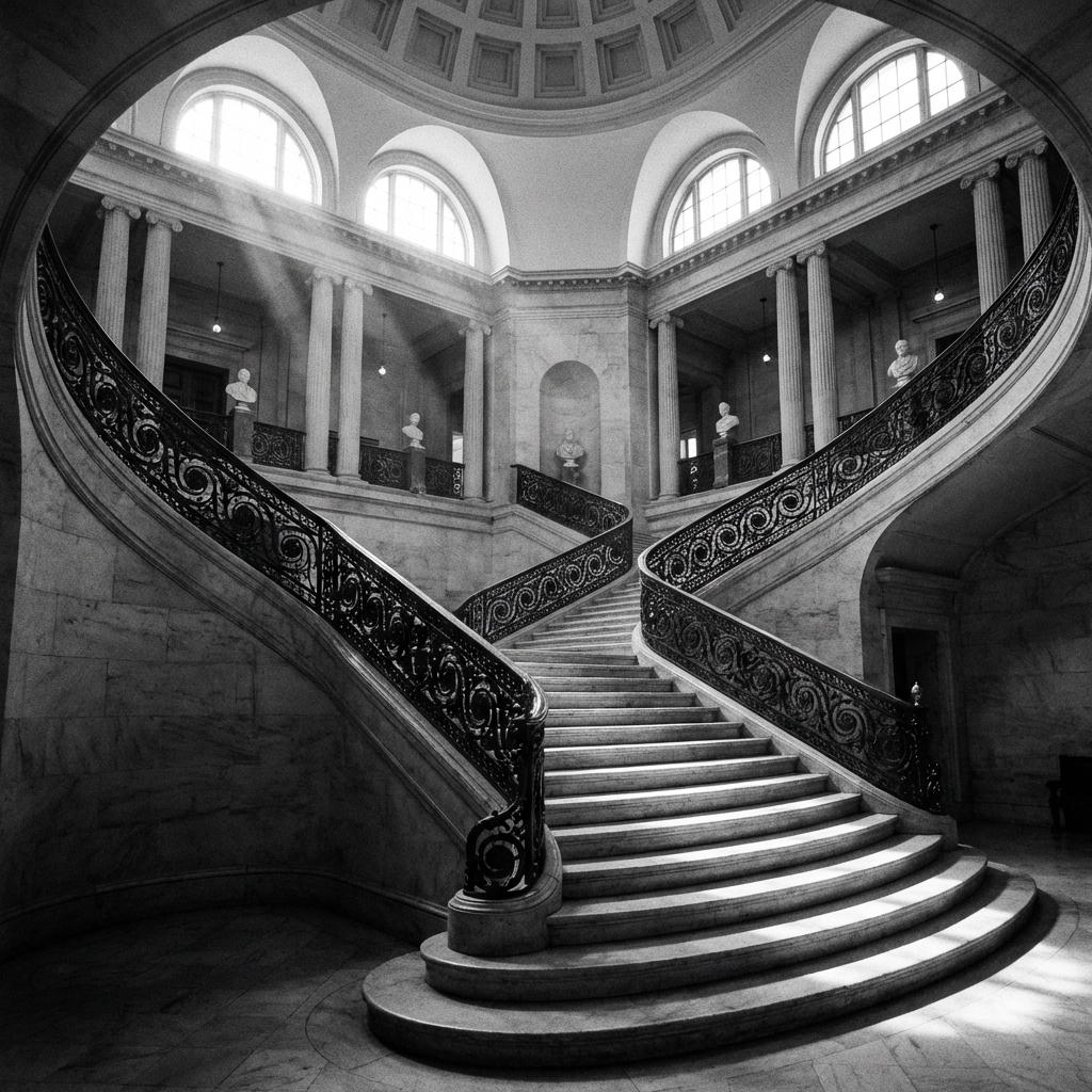 Escalera monumental interior con barandas de hierro forjado