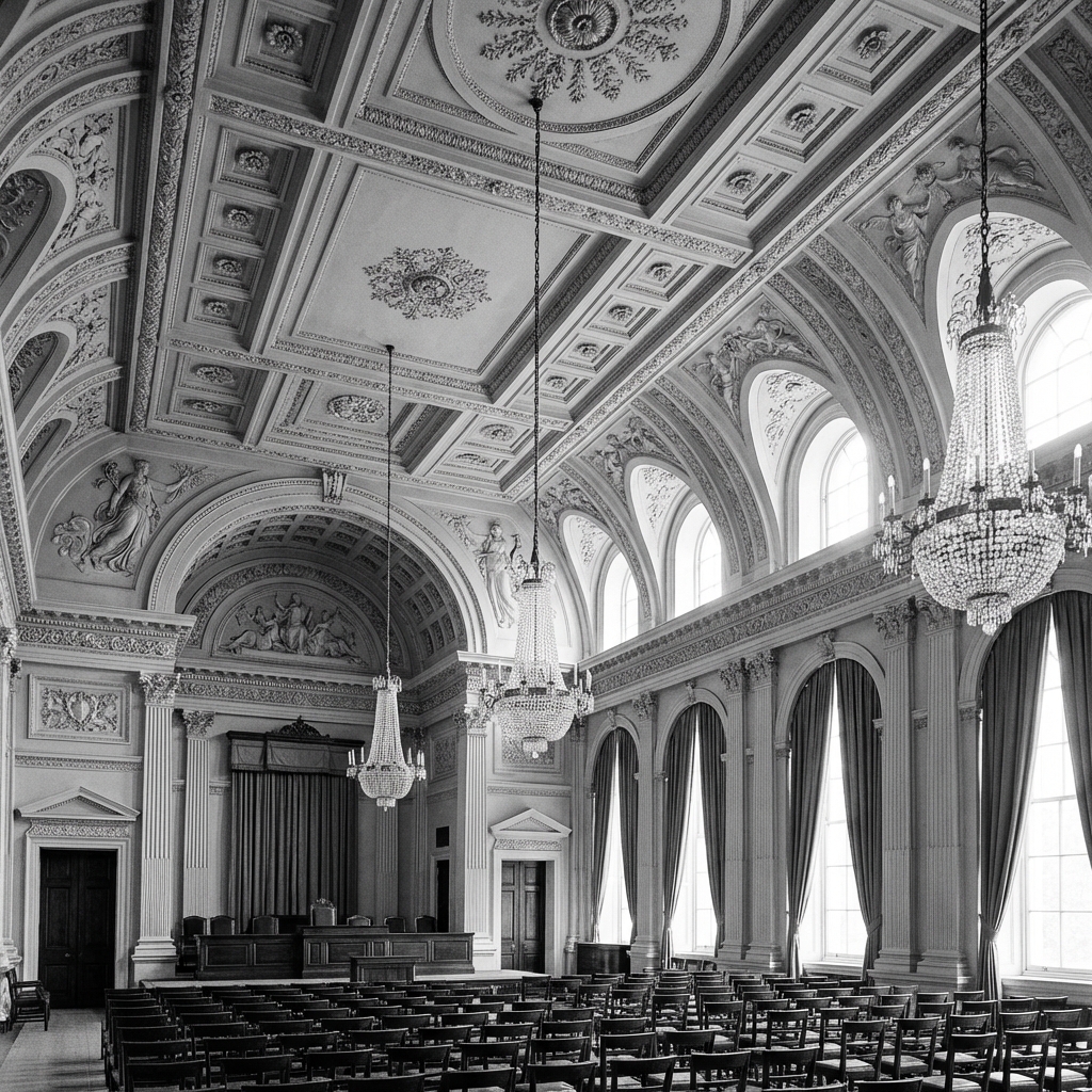 Salón de sesiones con cielo raso ornamentado